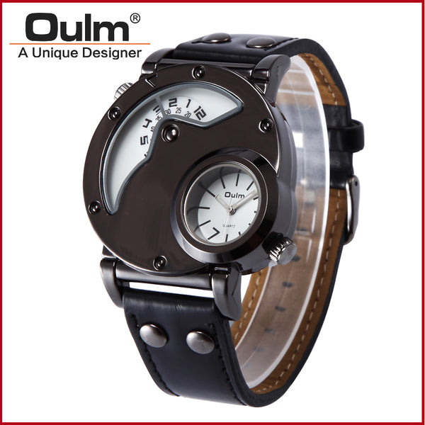 Top Brand Luxury OULM 9591 Men Watches Stainless Steel Case Dual Time PU Leather Quartz-watch Sports Men's Watches