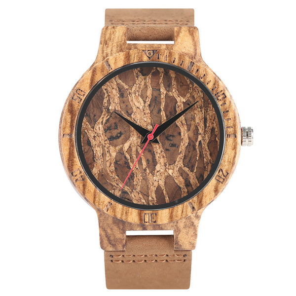 Zebra/Cork Slag/Broken Leaves Face Wood Watch Men Nature Wooden Creative Watches Simple Genuine Leather Band Quartz Clock Gift