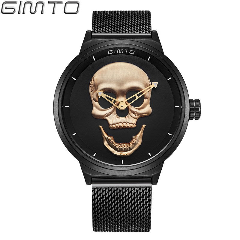 GIMTO Cool Skull Men Watch Luxury Brand Quartz Creative Clock Steel Black Military Female Male Wrist Watches relogio masculino