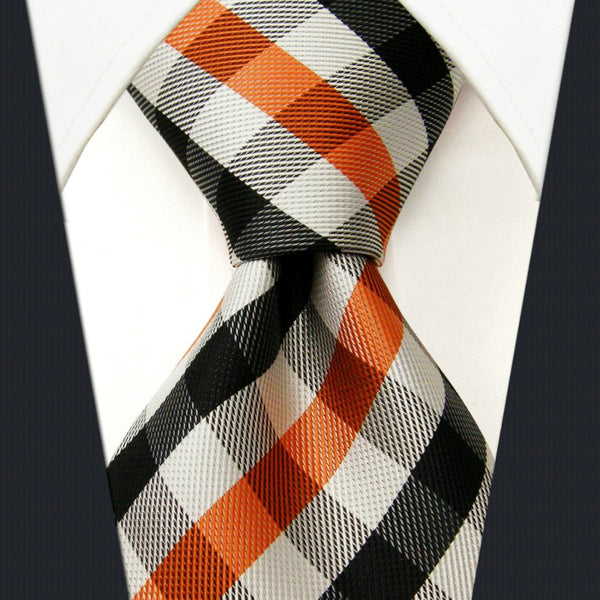 P1 Checked Orange Black White Men's Neckties Set 100% Silk Designers Fashion hanky Men Ties for men 63"