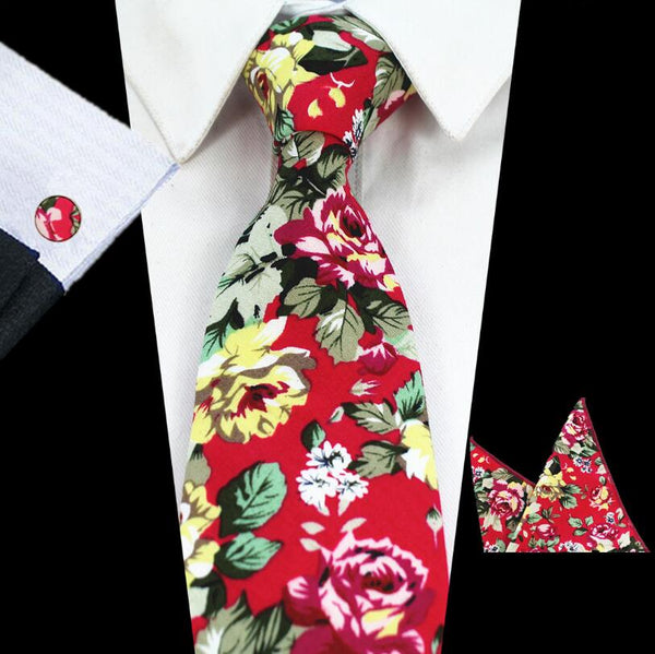 RBOCOTT New Design 8cm Cotton Tie Set Floral Ties Handkerchief And Cufflinks Business Wedding Party Printing Neck Ties For Men