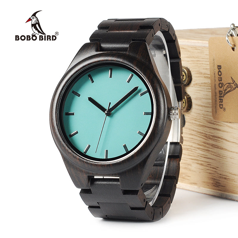 BOBO BIRD WI21 Ebony Wooden Mens Watch Top Brand Blue Simple Wooden Band Classic Quartz Wristwatch As Gift Accept OEM Relogio