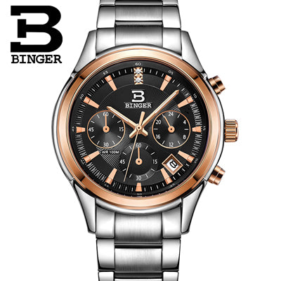 Switzerland BINGER men's watch luxury brand Quartz waterproof genuine leather strap auto Date Chronograph clock BG6019-M