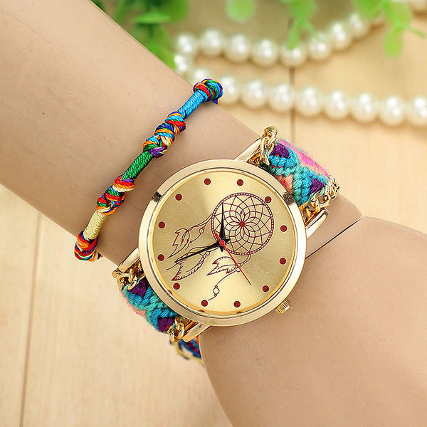 Vintage Women Ethnic Handmade Braided Quartz Watch Knitted Dreamcatcher Wristwatch Gifts @17 TT@88