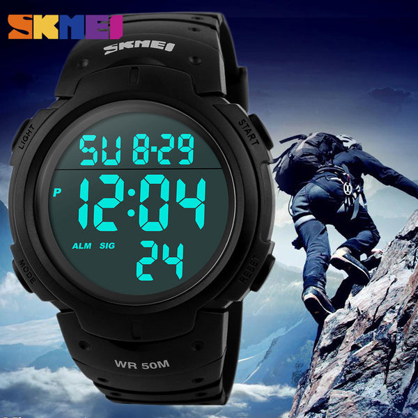 SKMEI Outdoor Sports Watches Men Running Big Dial Digital Wristwatches Chronograph PU Strap 50M Waterproof Watch 1068