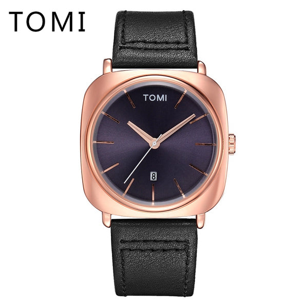 Tomi 2017 New Men Luxury Brand Rose Gold Leather Strap Watch Luxury Quartz Wristwatch Square Sport Waterproof Dress Relogio T013