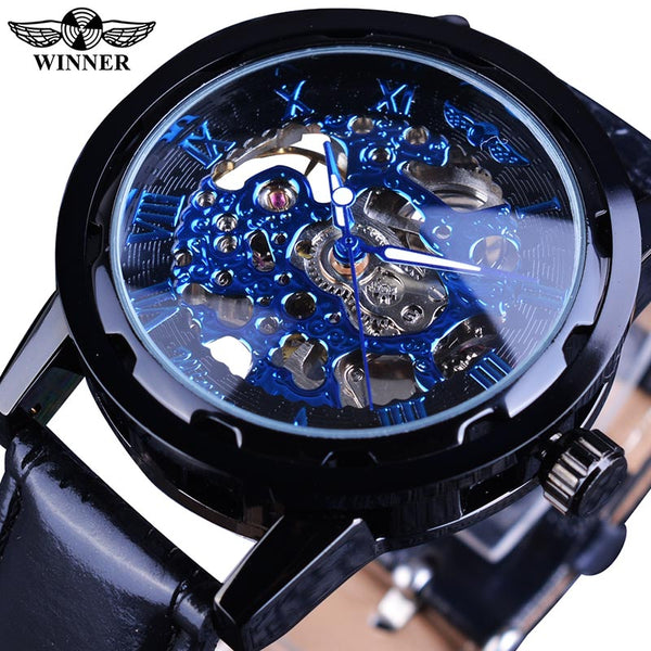 Winner Black Gold Male Clock Men Relogios Skeleton Mens Watches Top Brand Luxury Montre Leather Wristwatch Men Mechanical Watch