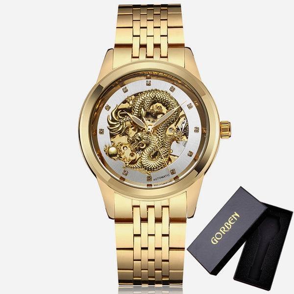 Skeleton Gold Mechanical Watch Men Automatic 3D Carved Dragon Steel Mechanical Wrist Watch China Luxury Top Brand Self Wind 2018