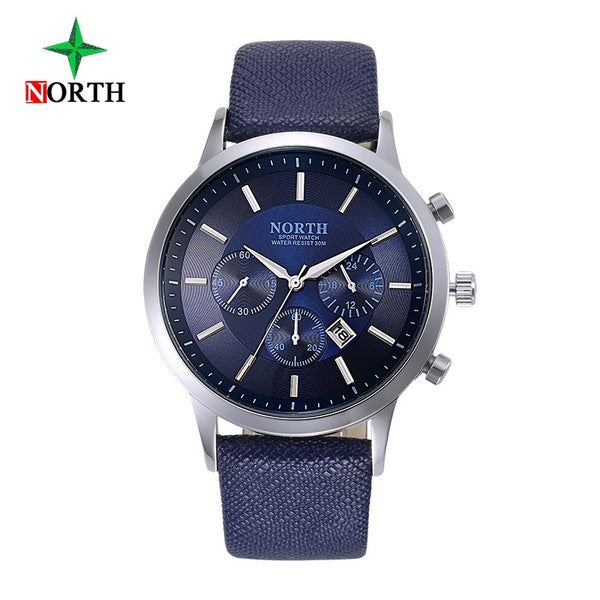 North Luxury Men Watches Waterproof Genuine Leather Fashion Casual Wristwatch Man Business Sport Clock Classic Blue Silver 6009