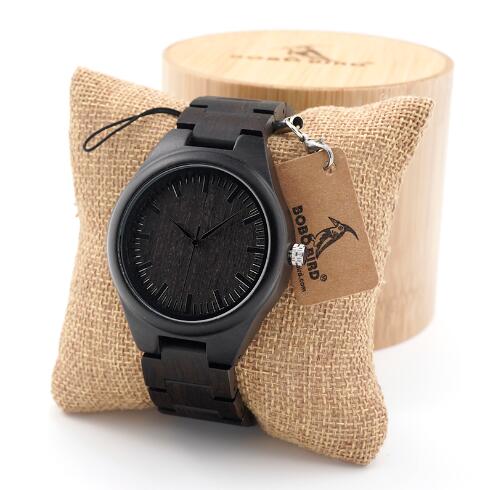 BOBO BIRD Mens Black Ebony Wooden Watches Wood WristWatch Links Causal Quartz relogio masculino in Gift Box custom logo