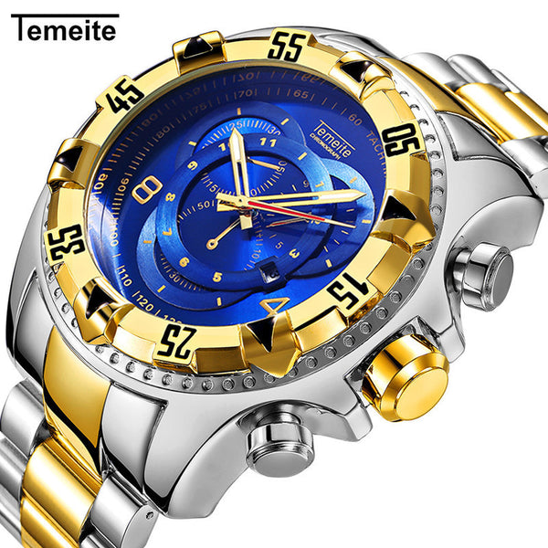 Relogio TEMEITE 2018 New Quartz Watches Mens Fashion Creative Heavy Waterproof Wristwatch Luxury Gold Blue Full Steel Masculino