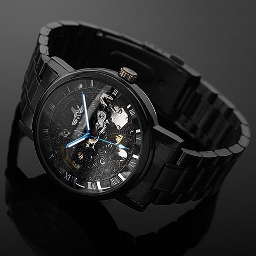 Men's Watch Mechanical Watch Black Steel Brand Hollow Skeleton Dial Wristwatches