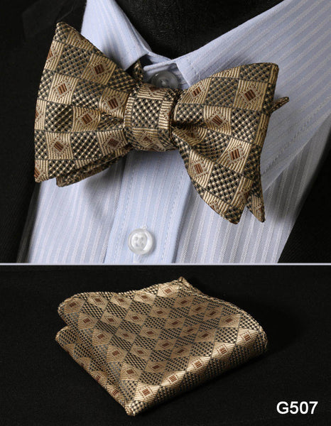 Check Polka Dot Silk Jacquard Woven Men Butterfly Self Bow Tie BowTie Pocket Square Handkerchief Hanky Suit Set G5