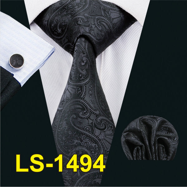 LS-822 Mens Tie Black Paisley 100% Silk Classic Barry.Wang Tie Hanky Cufflinks Set For Men Formal Wedding Party Groom Hot Sell