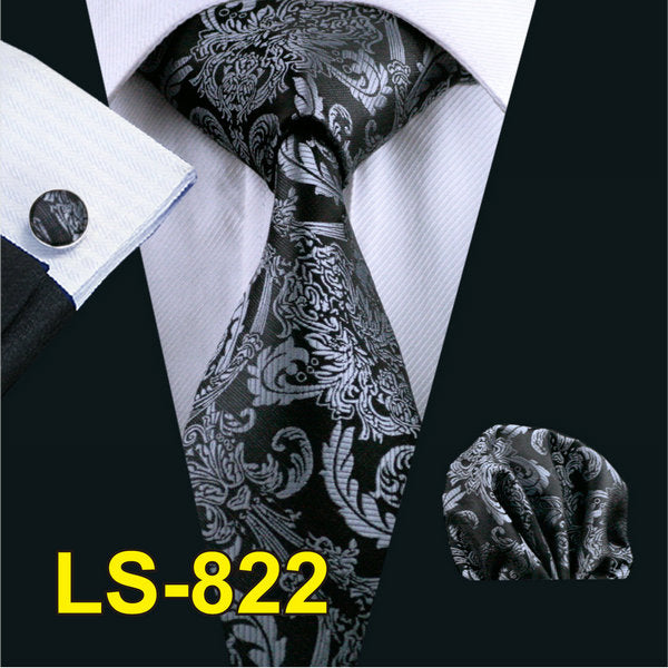 LS-822 Mens Tie Black Paisley 100% Silk Classic Barry.Wang Tie Hanky Cufflinks Set For Men Formal Wedding Party Groom Hot Sell