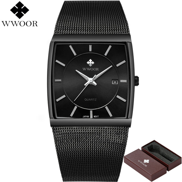 WWOOR Top Brand Luxury Men Square Waterproof Sports Watches Men Quartz Stainless Steel Wrist Watch Male Clock Relogio Masculino