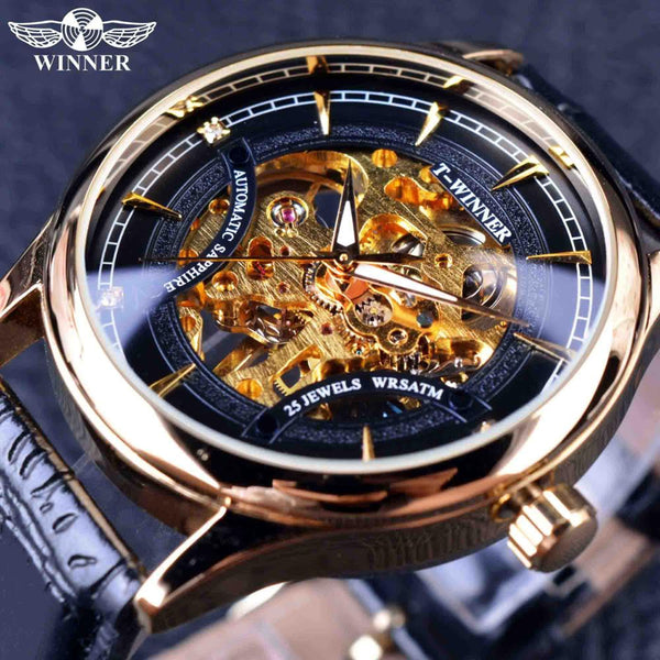 Winner 2016 Fashion Black Golden Star Luxury Design Clock Mens Watch Top Brand Luxury Mechanical Skeleton Watch Male Wrist Watch