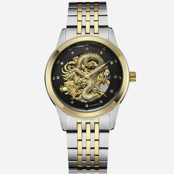 Skeleton Gold Mechanical Watch Men Automatic 3D Carved Dragon Steel Mechanical Wrist Watch China Luxury Top Brand Self Wind 2018