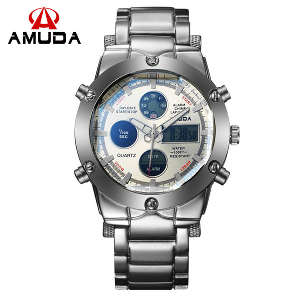 Watches Men Luxury Brand AMUDA Sports Military Watches Dual Time Quartz Analog Digital LED Steel Strap Wristwatches