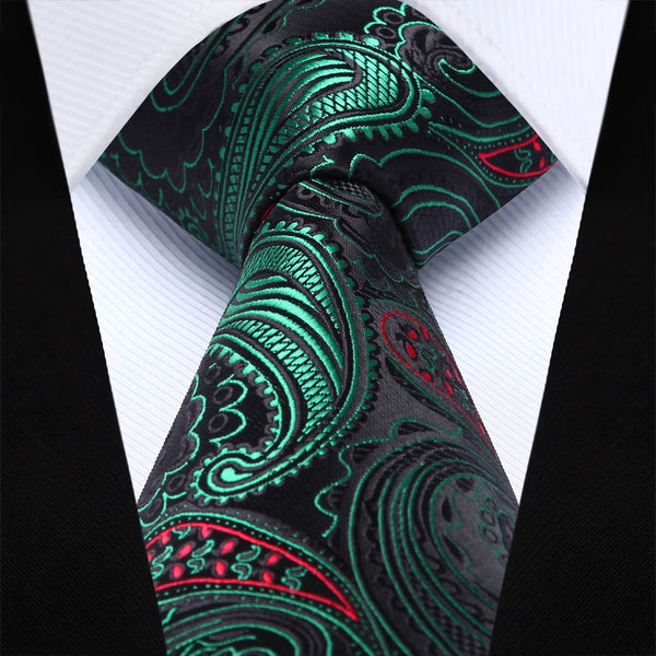 Party Wedding Classic Pocket Square Tie TP932G8S Green Red Paisley 3.4" Silk Woven Men Tie Necktie Handkerchief Set