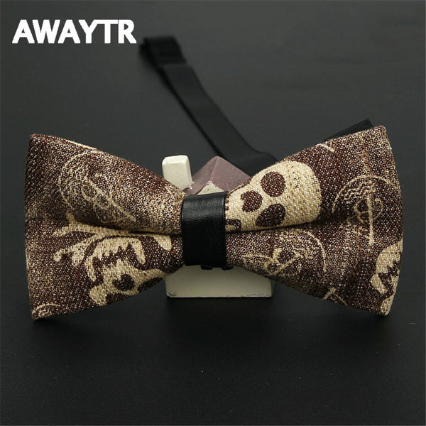 AWAYTR Classic Black Skull Printted Neck Tie for Wedding Men Fashion Business Bow Tie Neckwear Denim Print Bowtie 12*6cm