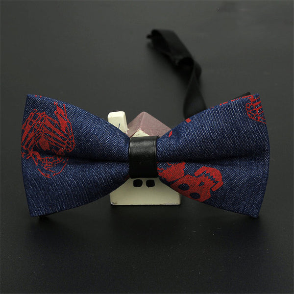 AWAYTR Classic Black Skull Printted Neck Tie for Wedding Men Fashion Business Bow Tie Neckwear Denim Print Bowtie 12*6cm