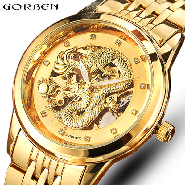 Skeleton Gold Mechanical Watch Men Automatic 3D Carved Dragon Steel Mechanical Wrist Watch China Luxury Top Brand Self Wind 2018