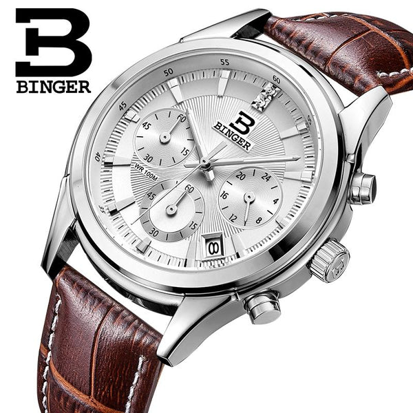 Switzerland BINGER men's watch luxury brand Quartz waterproof genuine leather strap auto Date Chronograph clock BG6019-M