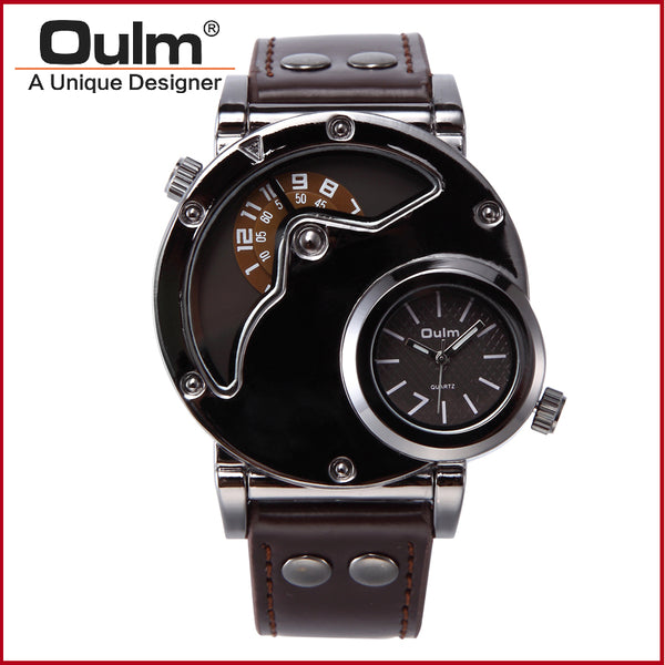 Top Brand Luxury OULM 9591 Men Watches Stainless Steel Case Dual Time PU Leather Quartz-watch Sports Men's Watches