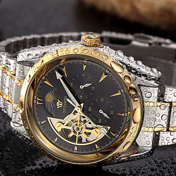 OUYAWEI GOLD Mechanical Wrist Mens Watch Top Brand Luxury Automatic Clock Men 22mm Stainless Steel Skeleton Reloj Hombre