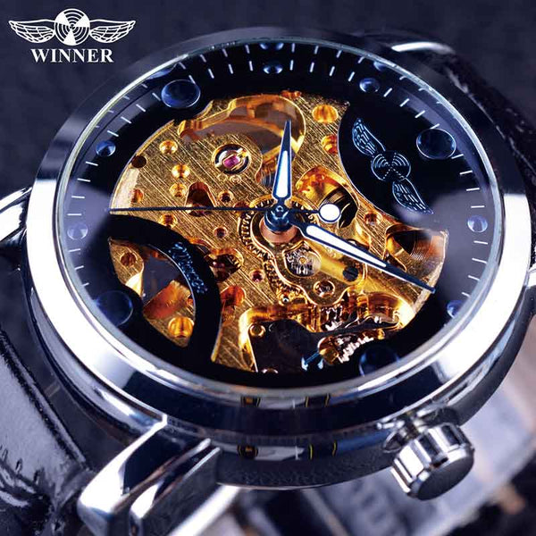 Winner Black Skeleton Designer Blue Engraving Clock Men Leather Strap Mens Watches Top Brand Luxury Automatic Watch Montre Homme
