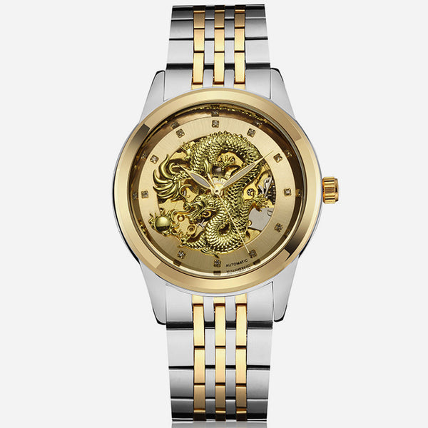 Skeleton Gold Mechanical Watch Men Automatic 3D Carved Dragon Steel Mechanical Wrist Watch China Luxury Top Brand Self Wind 2018