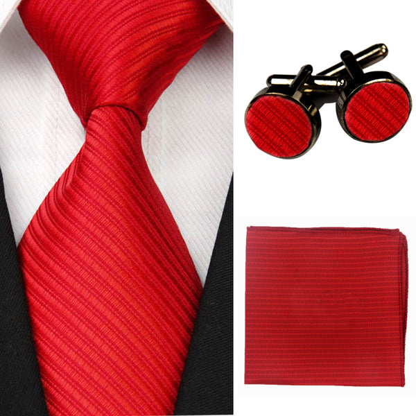 Accessories Ties for Men Solid Striped Pattern Business Silk Tie Sets Hanky Handkerchief Cufflinks Red Black Necktie Gravatas