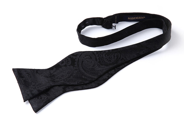 BF4011CS Black Paisley Floral Bowtie Men Silk Self Bow Tie handkerchief set