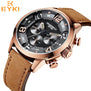 EYKI black genuine leather watchband mens watches man brown strap sport watch brand luxury quartz wristwatch montre homme reloj