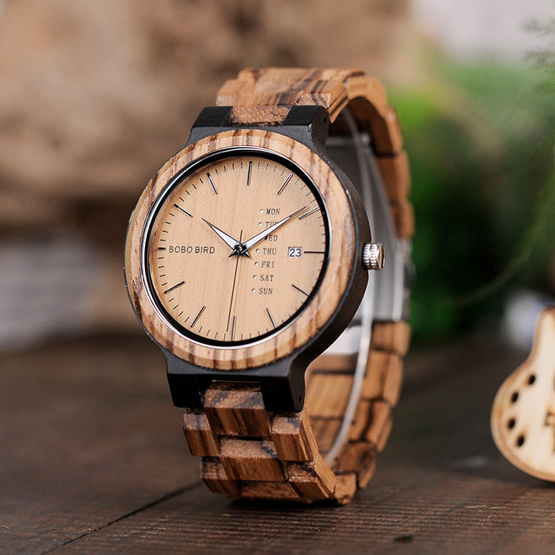 BOBO BIRD O26-1 Zebra Wood Army Military Watches for Men's Quartz Date wristwatch With Week Display In Gift Box Ship from Spain
