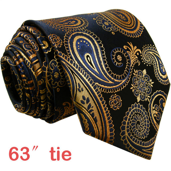U10 Paisley Gold Blue Navy Mens Neckties Extra Long Size Matching Hanky100% Silk Casual Dress Men Ties Designers Fashion 63"