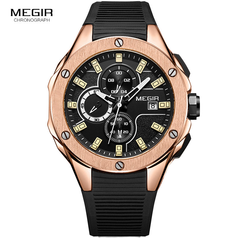 Megir Mens Chronograph Sport Round Analogue Quartz Wrist Watches Date Indicator Silicone Bracelet Strap 2053G Blue Black