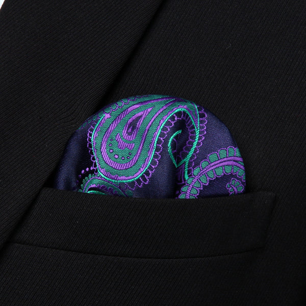 Party Classic Pocket Square Wedding RF427GS Navy Blue Green Paisley Men Silk Cravat Ascot Tie Handkerchief Set