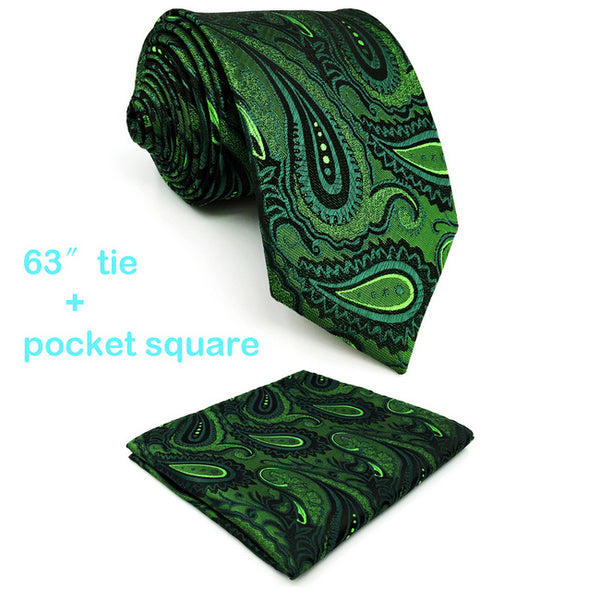 U30 Extra long size Paisley Floral Dark Green Black Mens Neckties Ties 100% Silk Matching Hanky Jacquard Woven Brand New Fashion