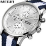 MEGIR Fashion Casual Men Quartz Watch Contrast Color Blue Canvas Strap 3 Sub Dial Date Display Voyage Military Sport Clock