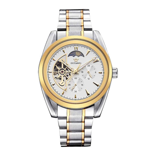 OUYAWEI GOLD Mechanical Wrist Mens Watch Top Brand Luxury Automatic Clock Men 22mm Stainless Steel Skeleton Reloj Hombre