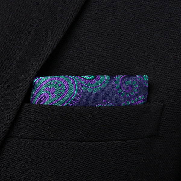 Party Classic Pocket Square Wedding RF427GS Navy Blue Green Paisley Men Silk Cravat Ascot Tie Handkerchief Set