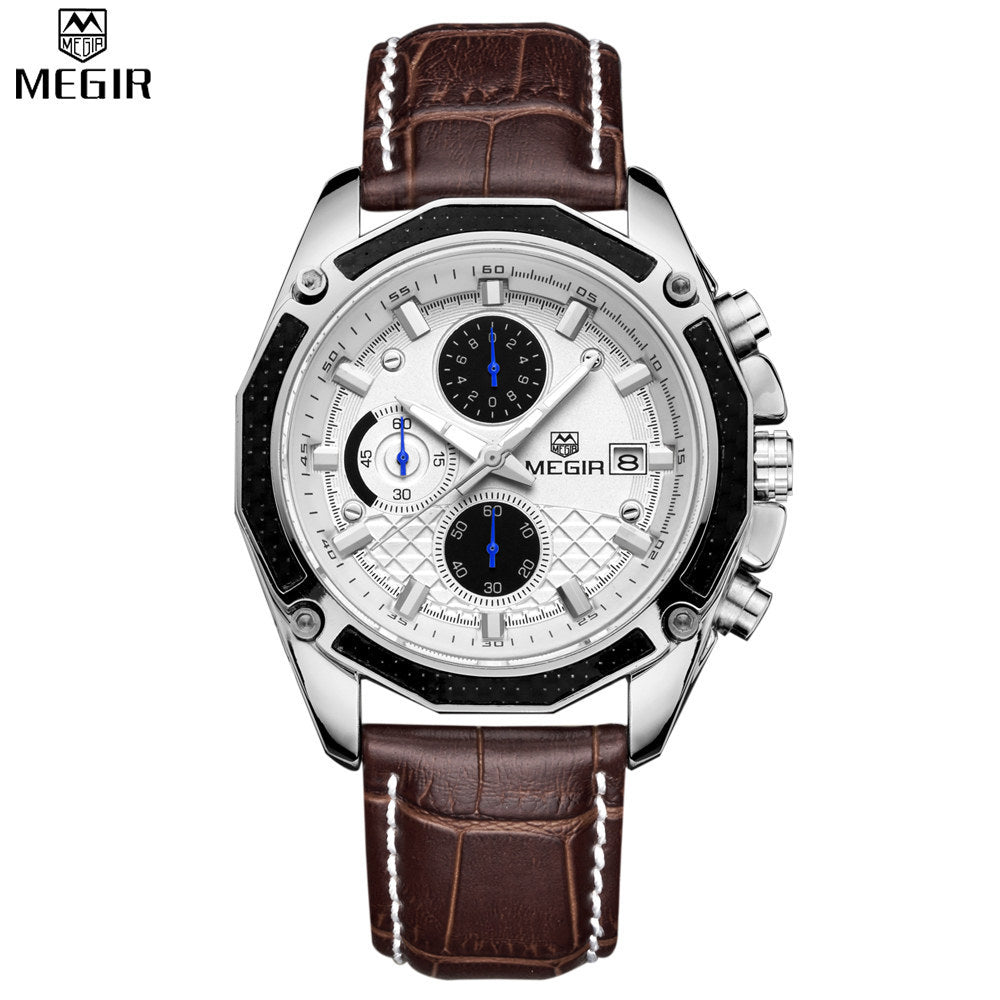Genuine MEGIR quartz male watches Genuine Leather watches racing men Students game Run Chronograph Watch male glow hands