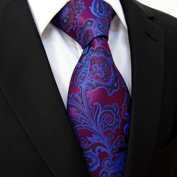 Extra long size Floral Paisley Fuchsia Red Blue Matching Hanky Navy Black Mens Tie 100% Silk Jacquard Woven Fashion 63"