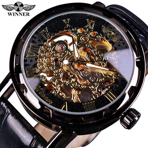 Winner Black Gold Male Clock Men Relogios Skeleton Mens Watches Top Brand Luxury Montre Leather Wristwatch Men Mechanical Watch