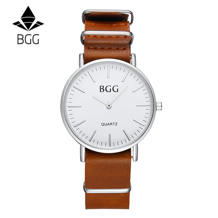 BGG Ultra Thin Mens Watches Simple 2016 Hot Fashion Brand Quartz Watch Waterproof Genuine Leather Business Men Clock Silver