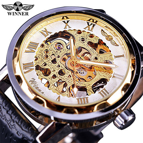 Winner Black Gold Male Clock Men Relogios Skeleton Mens Watches Top Brand Luxury Montre Leather Wristwatch Men Mechanical Watch