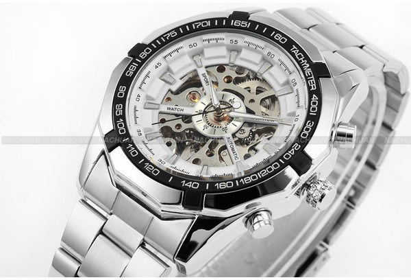 WINNER automatic Watches Branded Mens Classic Stainless Steel Self Wind Skeleton Mechanical Watch Fashion Cross Wristwatch