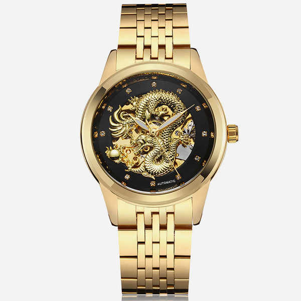 Skeleton Gold Mechanical Watch Men Automatic 3D Carved Dragon Steel Mechanical Wrist Watch China Luxury Top Brand Self Wind 2018